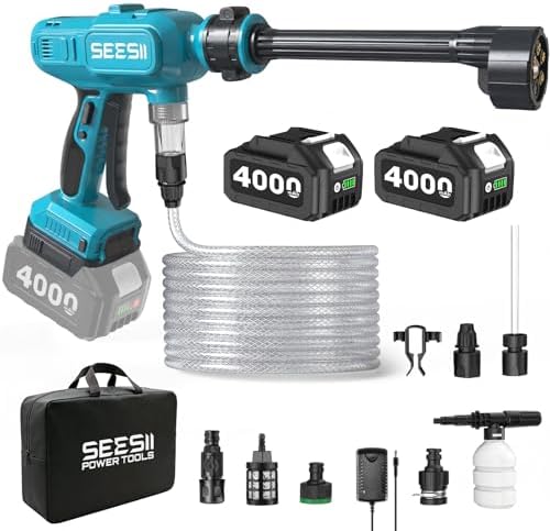 SEESII cordless pressure washer with 27 foot hose and dual batteries